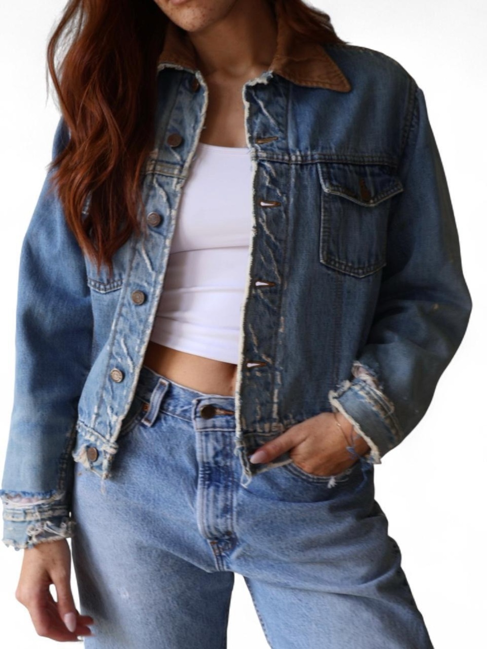 Classic Blue Denim Jean Jacket with Brown Corduroy Collar - Picture 7 of 8